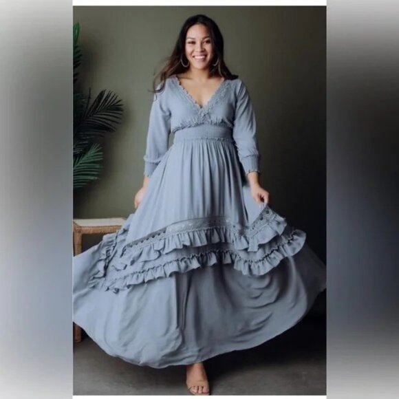 Baltic Born Maxi Dress Womens Size XL long Pippa Ruffle Dusty Blue v-neck lace - Picture 3 of 7